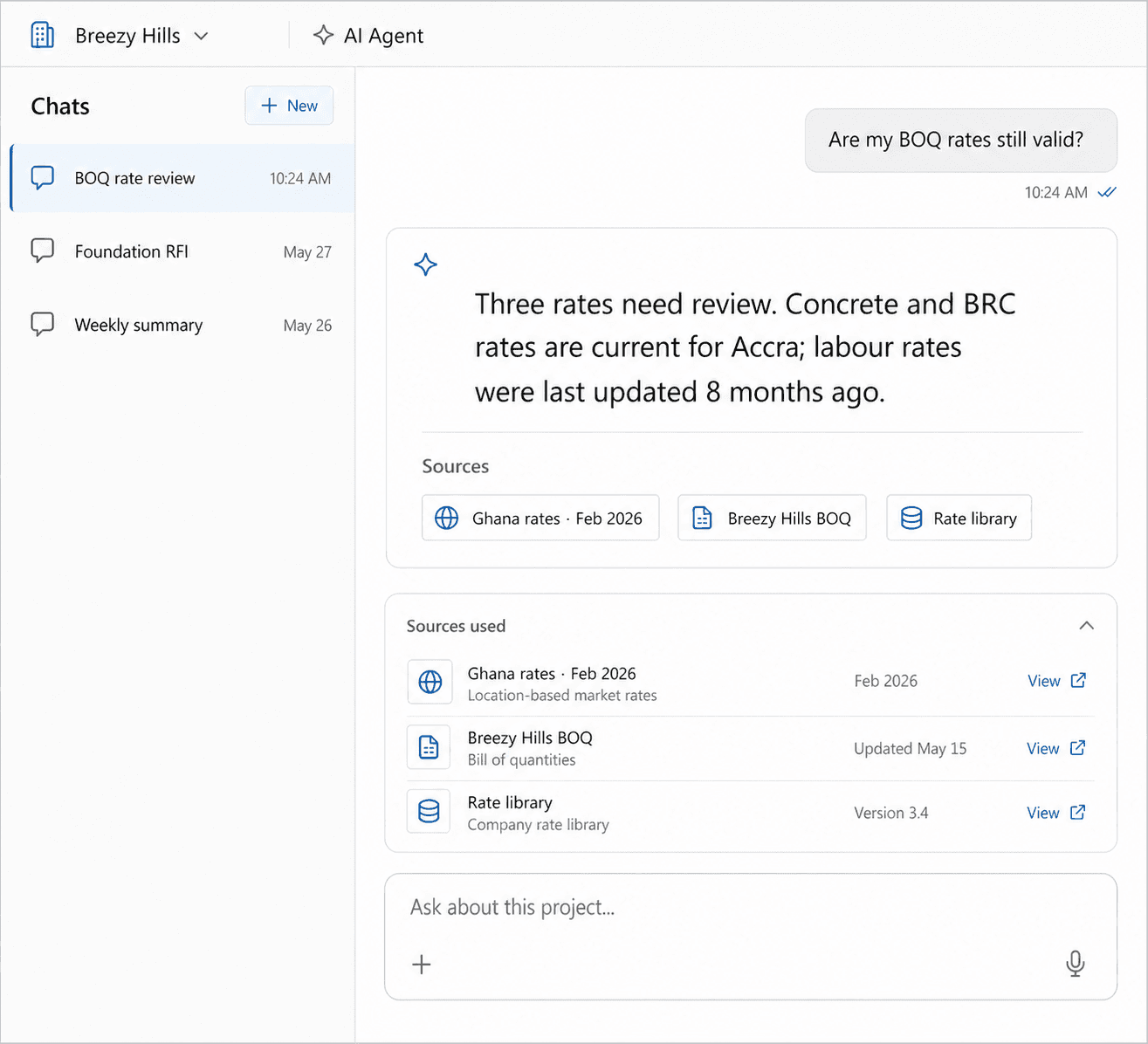 Buildria AI answering from project records with visible source context