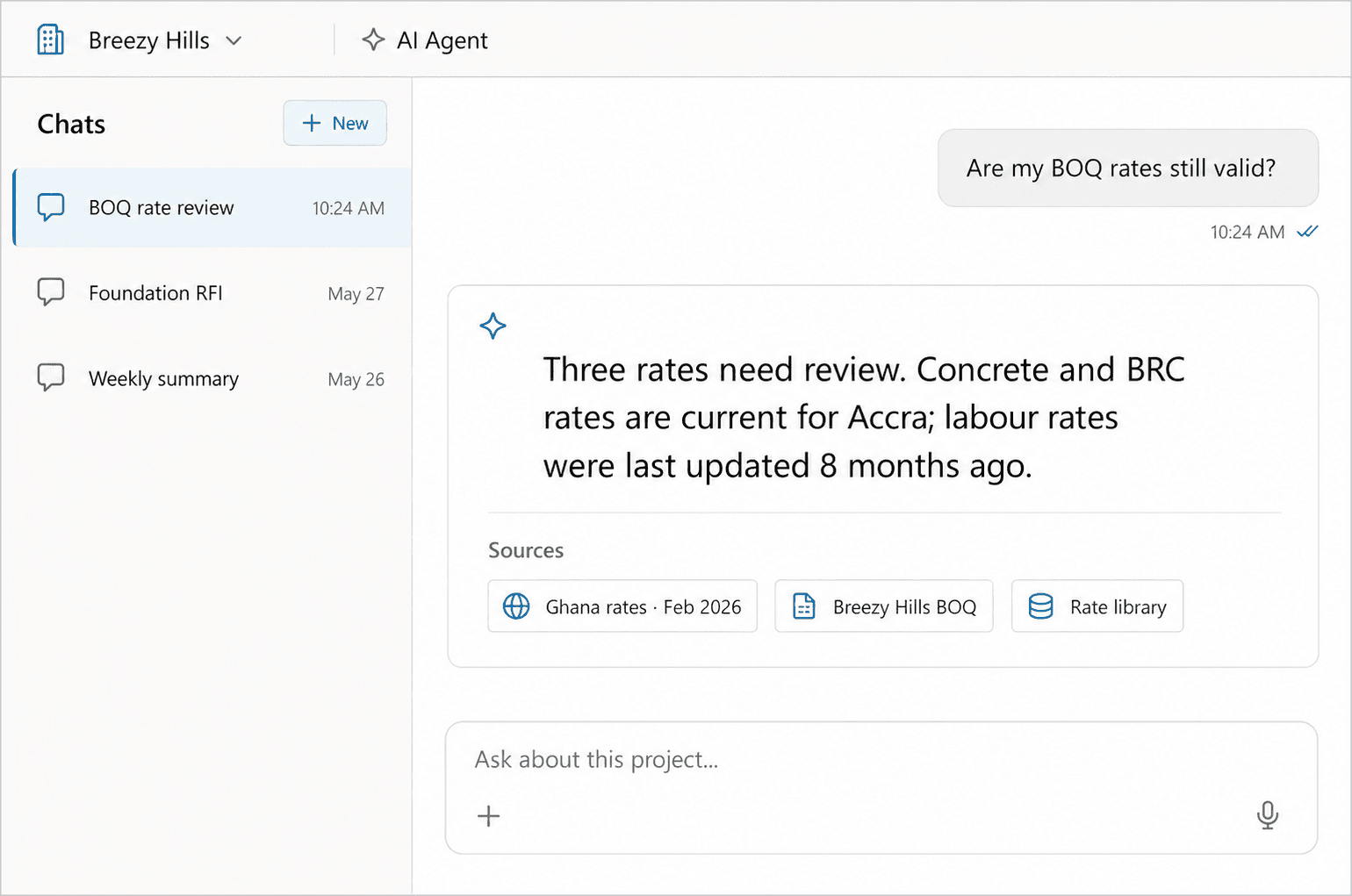 Buildria AI Agent answering a project question with attached Ghana rates, BOQ, and rate-library sources