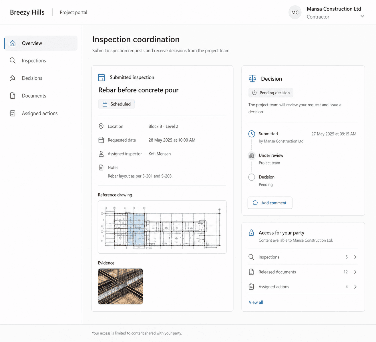 Buildria external coordination portal showing controlled inspection requests, documents, actions, and decisions
