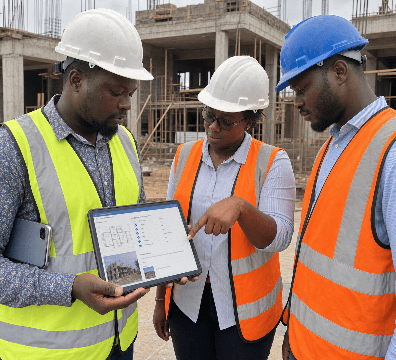 Ghanaian construction professionals reviewing live project information on a tablet