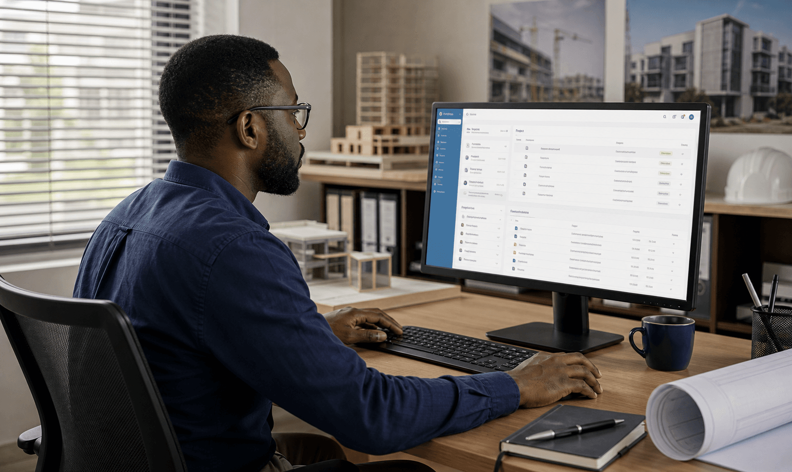 Project manager reviewing Buildria project records on a desktop screen