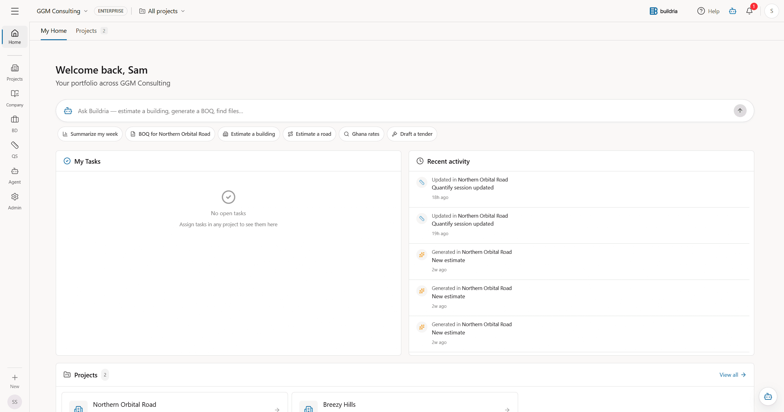 Buildria home dashboard showing tasks, recent activity, projects, and the AI assistant