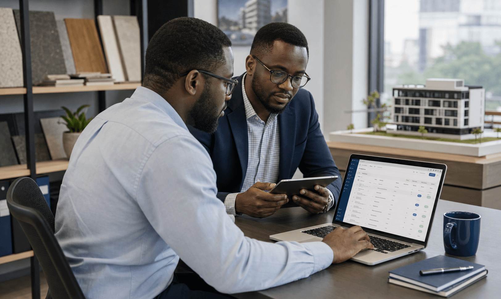 Quantity surveyors reviewing Buildria QS workflows on a laptop