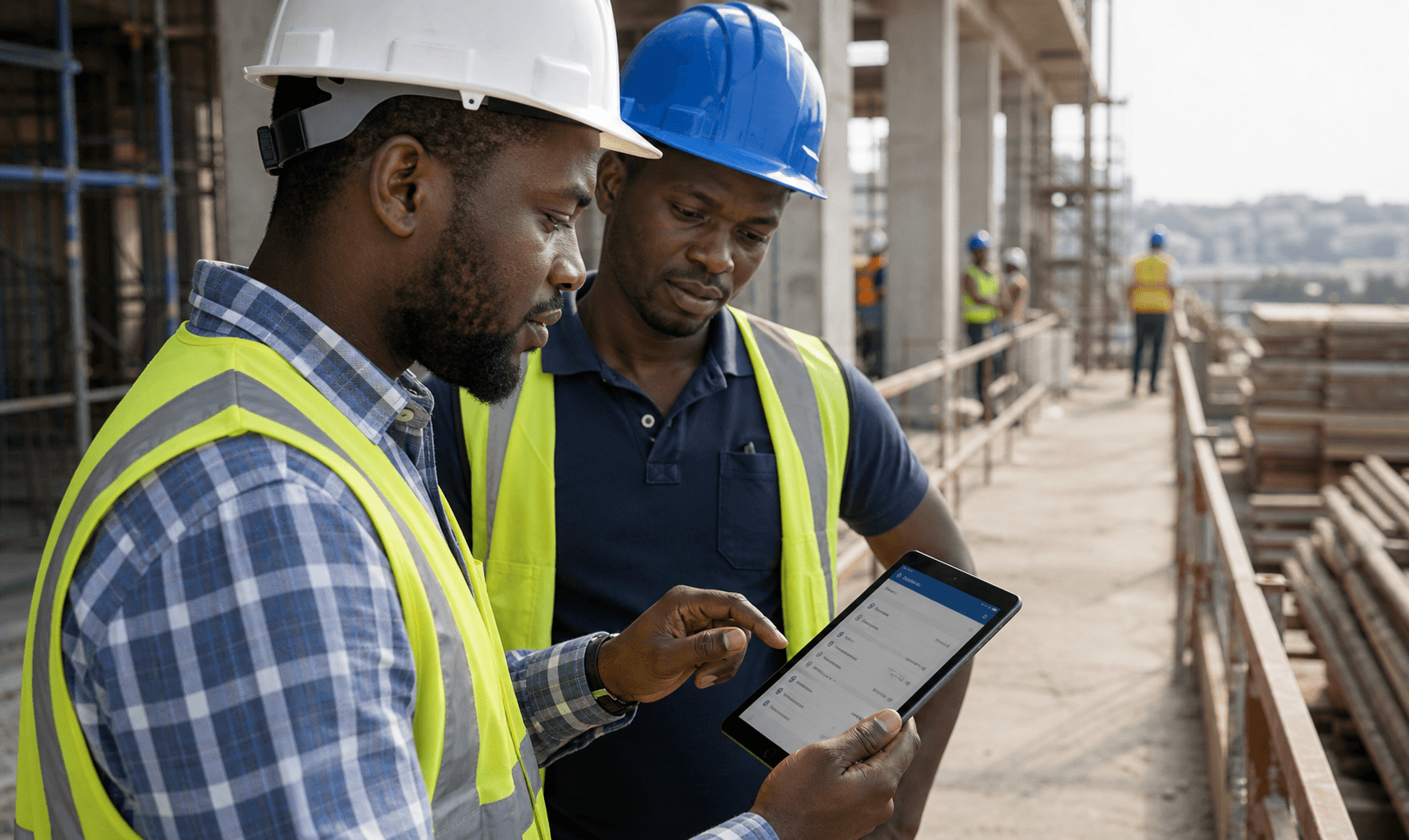 Site engineer using a Buildria-like tablet workflow on a construction site
