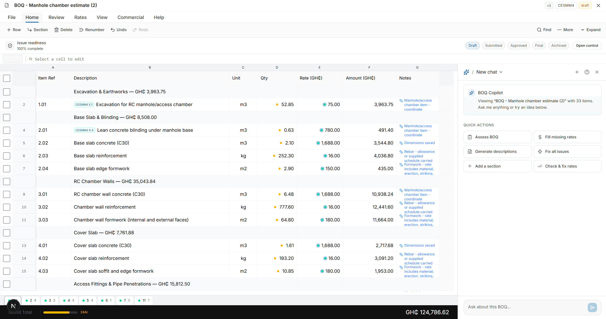 Buildria BOQ editor showing a spreadsheet-like bill of quantities, issue readiness, quick actions, and BOQ Copilot