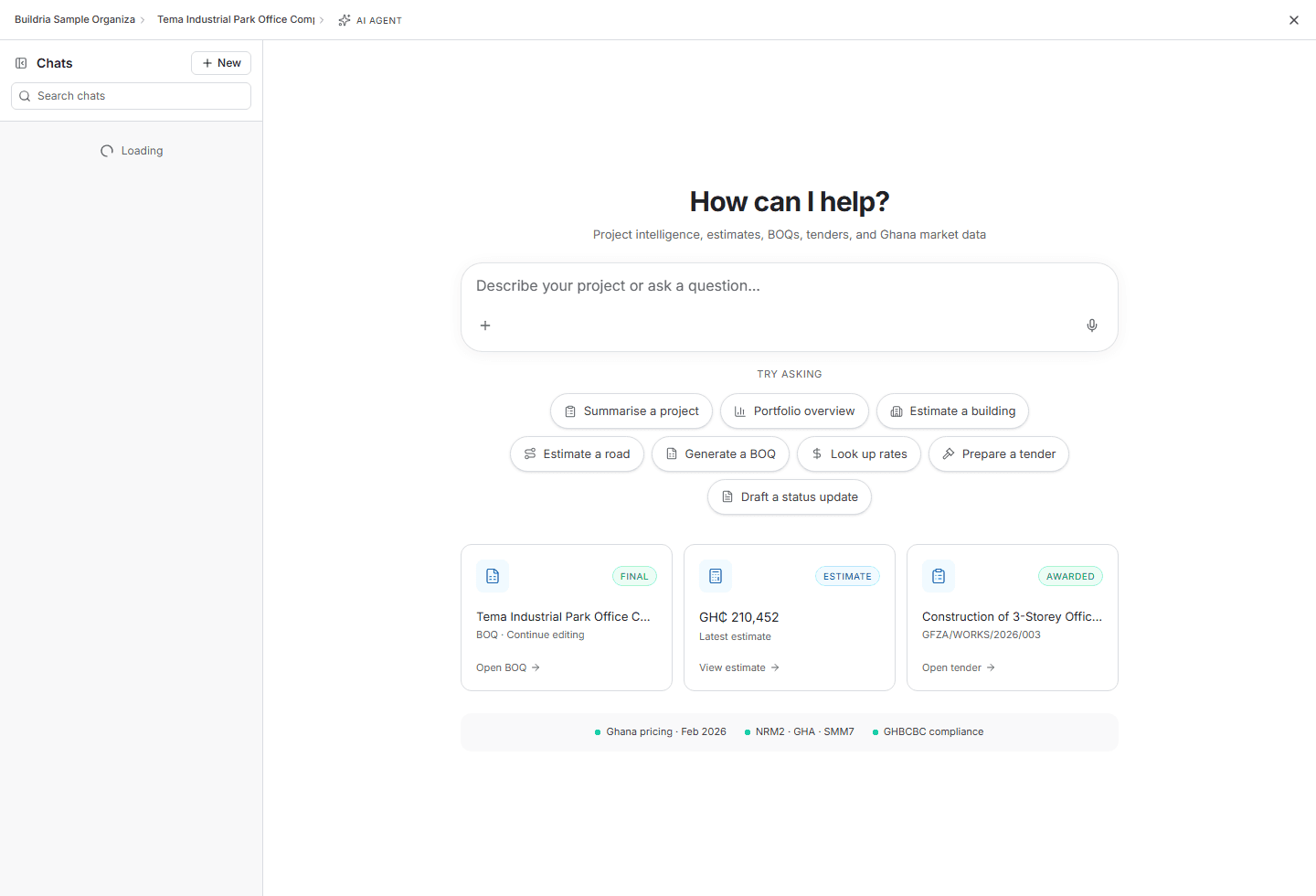 Buildria project AI agent screen with prompt input, suggested actions, and project context cards